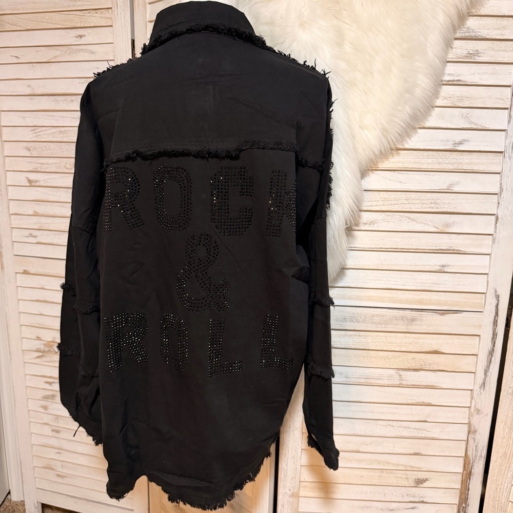 Elan Black Rhinestone Frayed Button-Up Jacket - Picture 4 of 9